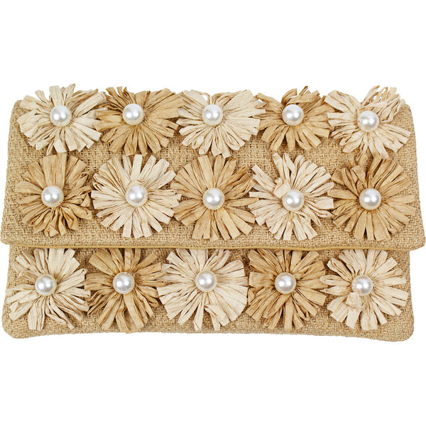 Raffia Flower Pearl Beaded Clutch  That Moonlit Garden Wink