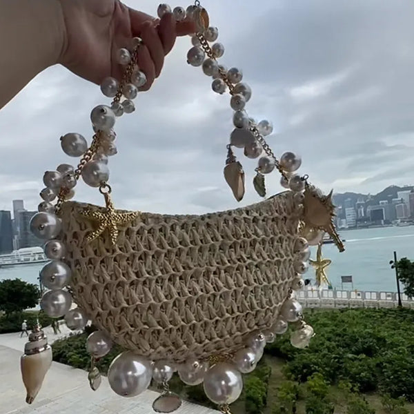 Straw Tote Bag with Pearls
