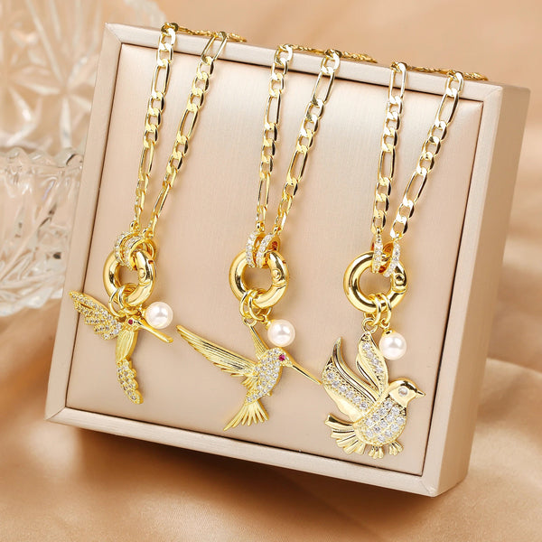 Gold Bird Pearl Pendant Necklace