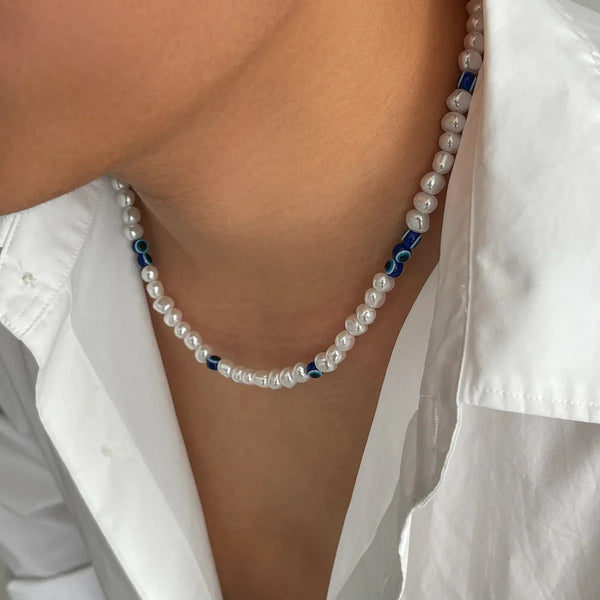 Blue and White Pearl Choker Necklace